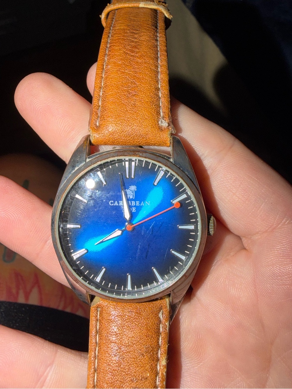 Caribbean Blue Dial Watch with Tan Leather Strap
